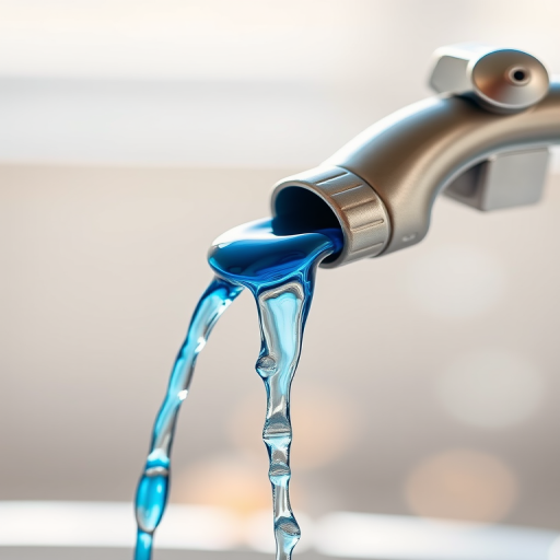 Create a high-resolution illustration of a pouring spout with blue liquid flowing out, using a macro lens at f/2.8, ISO 100, 1/125s shutter speed, with a soft focus background and bright, natural lighting.