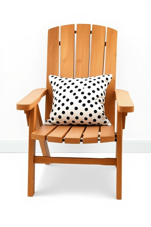 create a high-resolution digital illustration of a wooden reclining chair with a polka dot pillow in a minimalistic style, using a 50mm lens, aperture f/1.8, ISO 100, with soft diffused lighting to enhance textures and details, captured from a slightly elevated angle for depth.