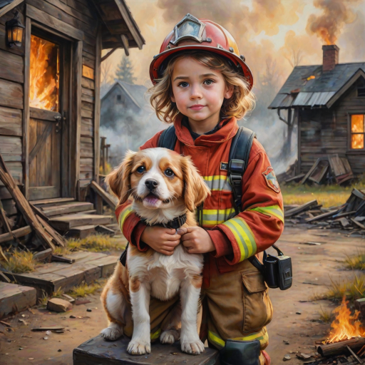 airbrushed oil painting, pixar style, cute little girl in fireman gear, helmet, tousled hair, expressive eyes, standing in the doorstep of a cottage burning behind him, holding a cute little dog in her arm, atumn sky