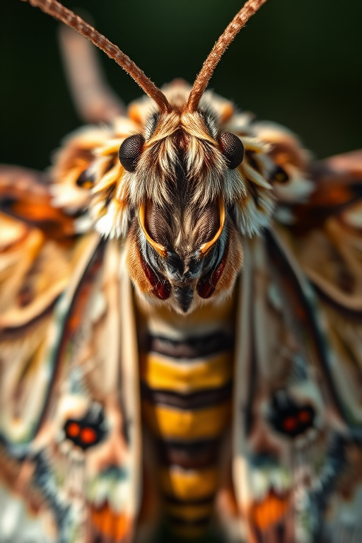 photograph a detailed close-up of a moth with intricate patterns, natural lighting, focus on texture and colors, macro lens, ISO 100, aperture f/8, shutter speed 1/200s, DSLR camera, top-down view