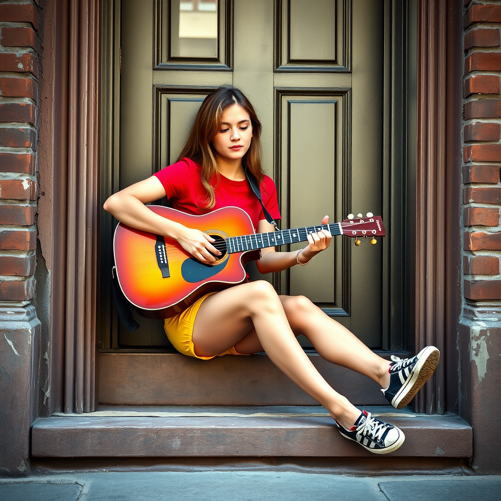 Ultra-realistic and very detailed image, high resolution and definition of a young woman, a rocker. She's sitting on the step of a doorway, with one leg stretched out, playing an acoustic guitar. The young woman is wearing a red T-shirt and yellow shorts. Adidas trainers. The door is glazed and mirrors the street.
