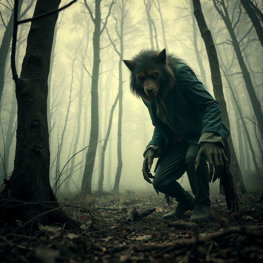 A werewolf in a foggy forest, wearing a tattered suit, crouching in an eerie setting, captured with a DSLR camera, 50mm lens, f/1.8 aperture, ISO 200, HDR settings for enhanced detail, low angle view, sepia tone filter for vintage effect.