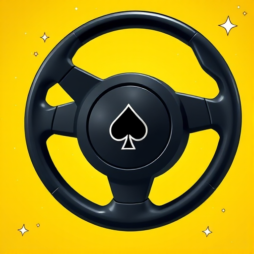 Create a high-resolution illustration of a black steering wheel with an ace of spades symbol in the center, set against a bright yellow background filled with scattered stars; use a Canon EOS R5 camera with a 50mm lens, aperture set to f/2.8, ISO 100, and a soft focus style for a vibrant and clean look.