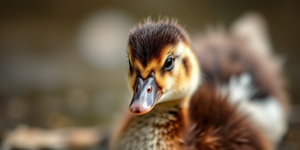 Capture a close-up shot of a duckling with a focus on its unique brown and white plumage, using a Canon EOS 5D Mark IV, aperture f/2.8, shutter speed 1/250s, ISO 400, natural light, shallow depth of field for a blurred background.