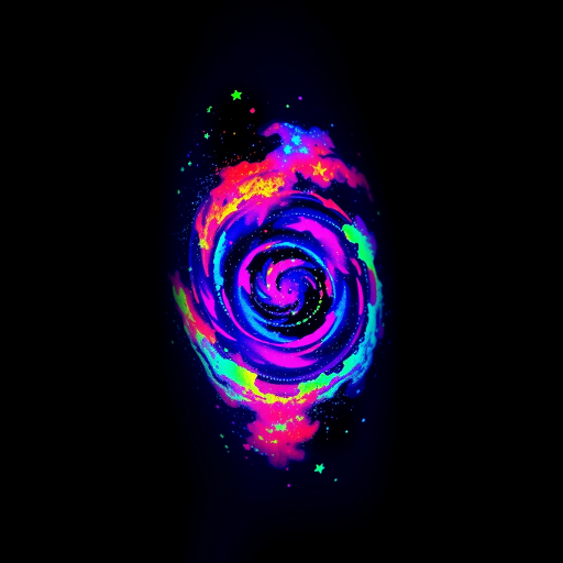 Vibrant UV ink tattoo of a cosmic galaxy scene, invisible in normal light but revealing swirling nebulae and twinkling stars under blacklight, creating a magical, otherworldly effect