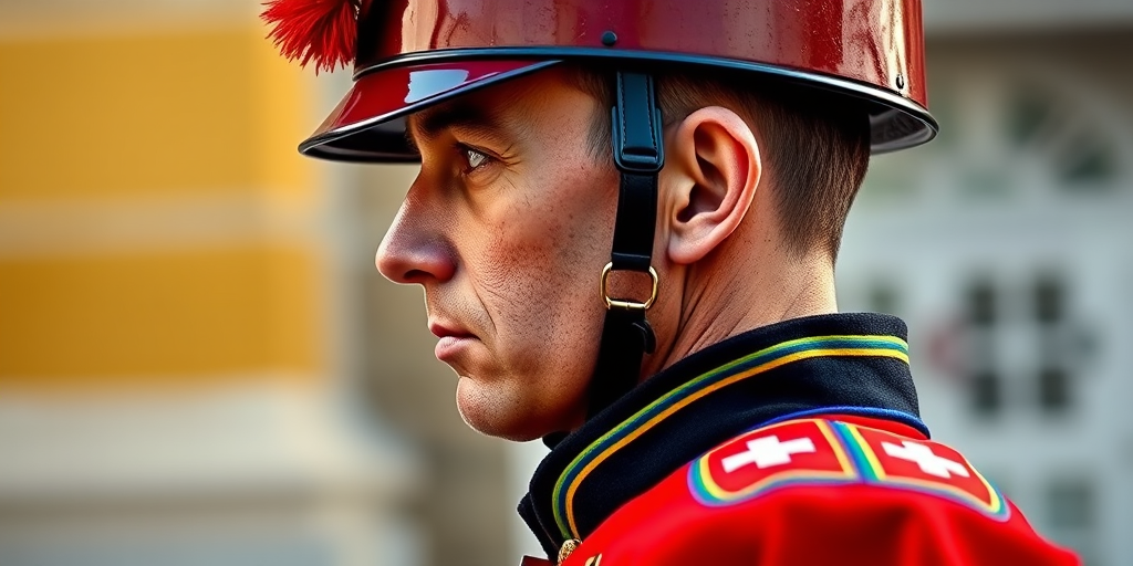 Create a vivid image of a Swiss Guard in traditional colorful attire, side profile, with detailed textures and vibrant colors, captured with a DSLR camera using a 50mm lens, f/1.8 aperture, ISO 100, natural lighting for enhanced clarity and depth.