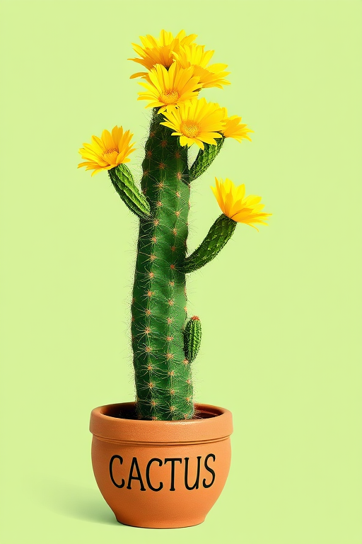 Create a vibrant digital illustration of a tall cactus with bright yellow flowers, placed in a round brown pot with the word "CACTUS" on it, set against a solid light green background, using a Canon EOS R camera, 50mm lens, f/2.8 aperture, shot in natural light for enhanced color saturation and detail.