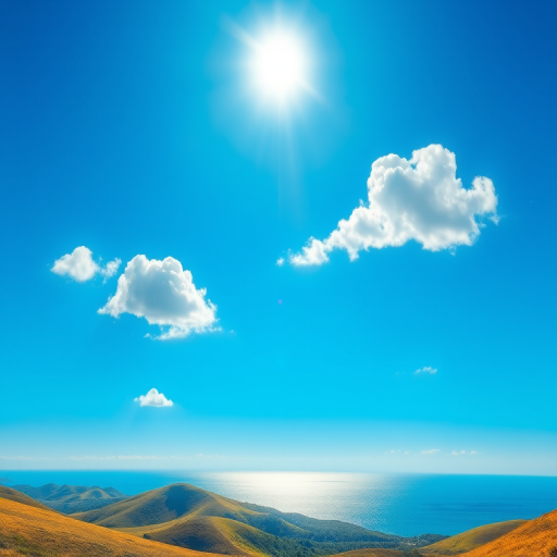 Create a vibrant landscape illustration with a clear blue sky, a bright sun with radiating rays, a few fluffy clouds, rolling hills in the foreground, and a serene ocean view, using a digital art style; camera settings: ISO 100, aperture f/8, focal length 35mm, camera view: wide-angle, camera type: digital illustration software.