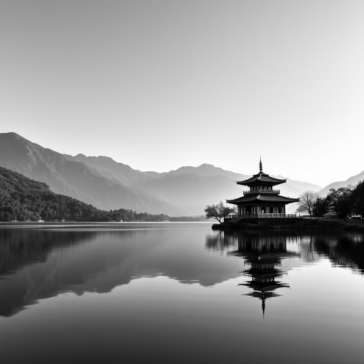 create a detailed black and white landscape painting of a serene mountainous scene with a tranquil lake and traditional pagoda, focal point on reflection in water, shot with a Canon EOS R5, 50mm lens, aperture f/8, ISO 100, soft natural lighting and smooth gradients to enhance contrast and depth
