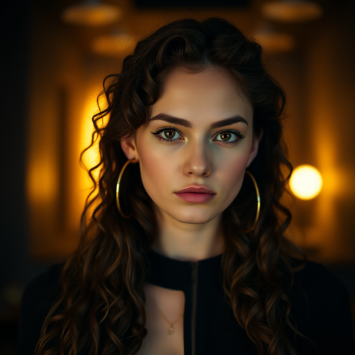 A young woman with long, curly brown hair is looking directly at the viewer. She is wearing a black top with a zipper down the front. The setting is a dimly lit interior space, with a warm, golden light emanating from the background. Her expression is neutral, with a hint of seriousness. The image is a close-up portrait with a shallow depth of field, focusing on the woman's face and torso. The background is blurred, creating a soft and intimate atmosphere.  She is wearing large gold hoop earrings, and a small gold chain is visible around her neck.  Her makeup is natural and simple, highlighting her brown eyes. The lighting creates subtle shadows that accentuate her features.  Her skin is smooth and glows in the soft light. The composition is balanced, with the woman's face positioned in the center of the frame.  The image is focused on capturing her beauty and confidence.