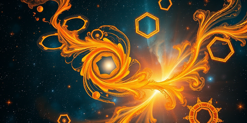Create a vibrant abstract space image featuring swirling golden patterns and hexagonal shapes against a cosmic background with stars and nebulae, captured with a DSLR camera at f/2.8, ISO 100, 24mm lens, in a macro style.