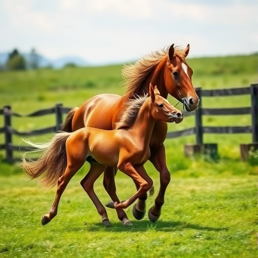 a mare and her foal galloping together in a lush green pasture with a wooden fence in the background, sunny day and soft focus on the horses' flowing manes