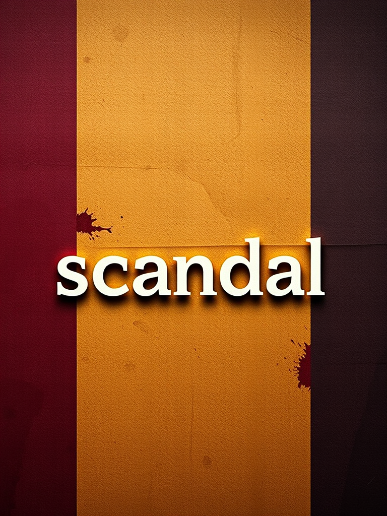 Create an abstract digital image with the word "scandal" in modern typography centered, using a textured background of dark reds, yellows, and browns; camera settings: aperture f/5.6, ISO 200, shutter speed 1/125s; camera view: top-down, camera style: minimalist, camera type: digital DSLR.