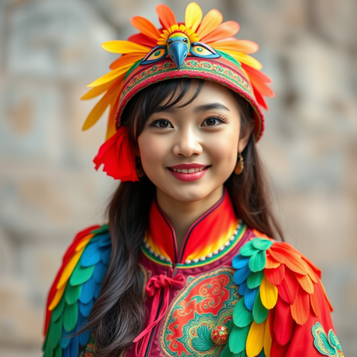 A beautiful Taiwanese girl, wearing colorful bird clothing with vibrant colors
