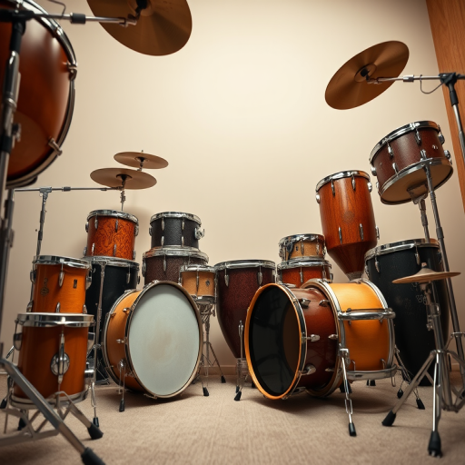 generate an image of a collection of various drums arranged artistically on a neutral background, camera settings 50mm lens, aperture f/2.8, ISO 100, shutter speed 1/125, camera view low angle to emphasize the height of the drums, camera style realistic, camera type DSLR