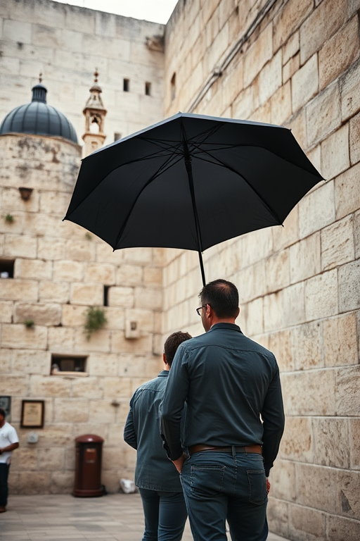 Regenerate an image of two people standing at the Western Wall in Jerusalem with one holding a black umbrella, shot with a Canon EOS R5, 24mm lens, aperture f/2.8, ISO 200, in natural light, perspective view.