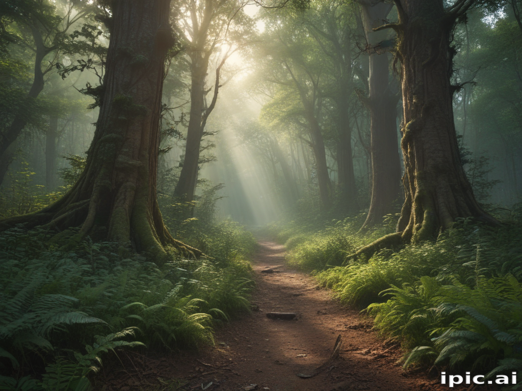 A Serene Path Through a Misty Forest Bathed in Gentle Light