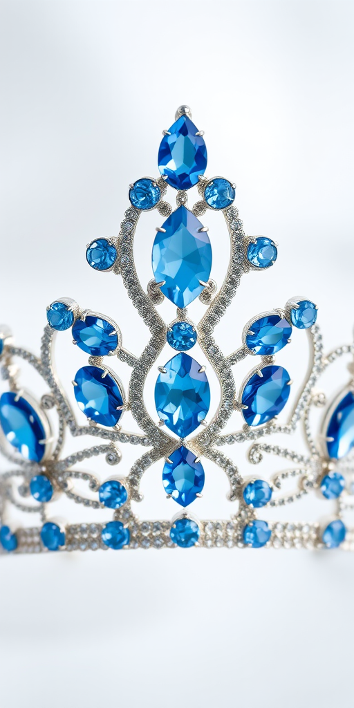 Create a high-resolution image of an intricate tiara adorned with blue gemstones on a transparent background, using a DSLR camera with a focal length of 50mm, aperture set to f/2.8, ISO 100, and a soft focus lens filter for enhanced detail.