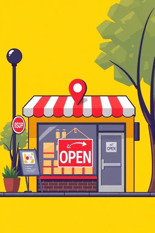 Generate a vector-style illustration of a local store with an "OPEN" sign and a location pin on a bright yellow background, using a Canon EOS R5 camera with a 50mm lens, f/1.8 aperture, ISO 100, and a shallow depth of field to enhance image clarity and vibrancy.