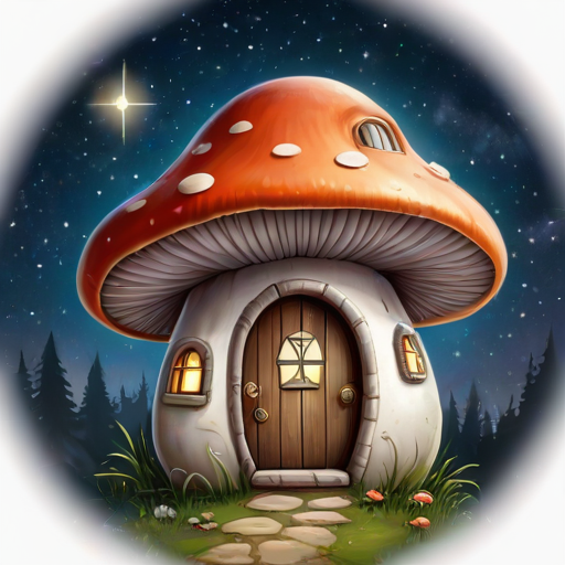 this image is illustration of a mushroom house with a door and a window, a storybook , fantasy art, mushroom house, bg starry sky, sparkles