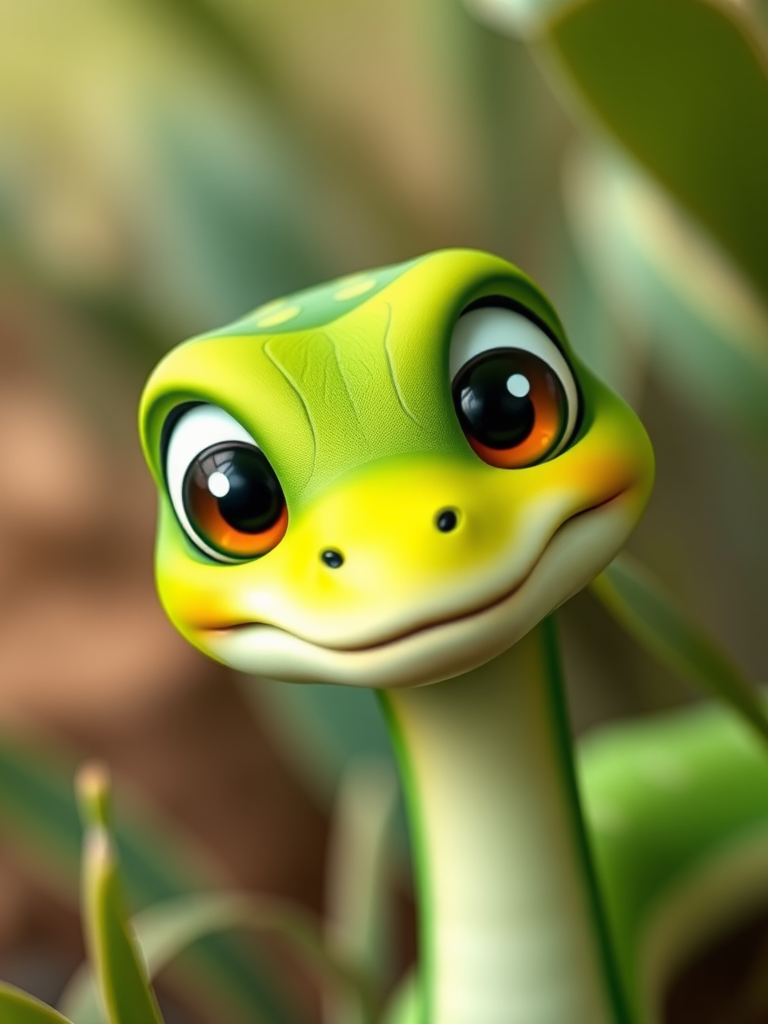 Create a vibrant cartoon image of a friendly green snake with large eyes and a playful expression, captured in a close-up view with a shallow depth of field, using a DSLR camera at f/2.8 to enhance color saturation and detail, with soft natural lighting for a cheerful appearance.