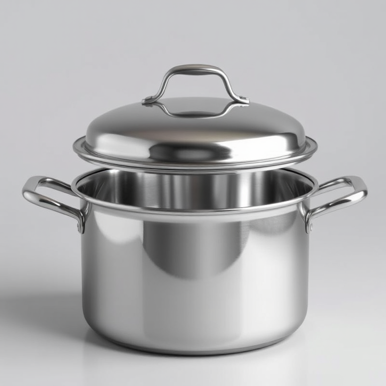 Create a high-resolution 3D render of a stainless steel cooking pot with a lid, using a DSLR camera at f/8 aperture, 35mm focal length, ISO 100, with soft diffused lighting and a slightly elevated angle for a realistic perspective.