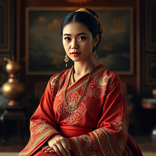 A beautiful Oromo woman in traditional East Asian attire, intricately detailed with embroidered patterns, sitting gracefully in a richly decorated room, soft ambient lighting, serene and elegant, ultra-realistic, 8K resolution