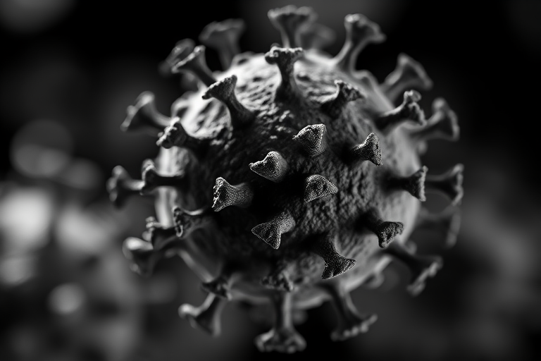 close-up macro shot of a virus cell, high contrast, shallow depth of field, aperture f/2.8, ISO 100, 50mm lens, natural lighting, DSLR camera, monochrome background with bokeh effects