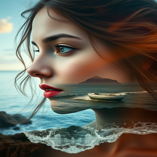 this photo is Book cover, A surreal double exposure portrait that blends a woman's face with a beautiful seascape. The overall mood is dreamy and mystical, with rich colors and intricate details
