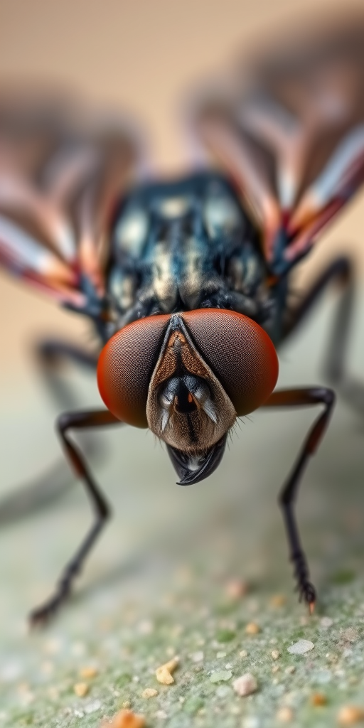 Create a highly detailed close-up of a fly, focusing on its intricate wings and body texture, using a macro lens with an aperture of f/2.8, ISO 100, shutter speed of 1/250s, shot in natural light, with a high-resolution digital camera to enhance image quality.