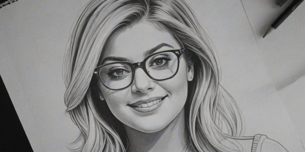 Enticing Lauren Alaina, pencil sketch, portrait of Splendid woman 1965s in glasses, hair style beatnik, outline, clear lines, fine lines, 8k