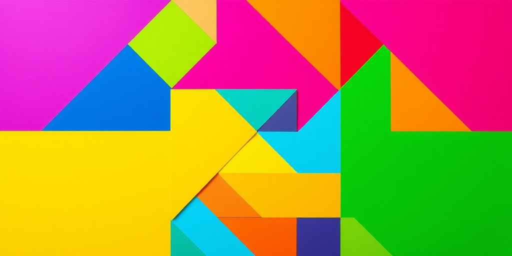 create a vibrant abstract geometric design using bright colors such as yellow, blue, pink, cyan, green, and orange in a tangram style, with high contrast and sharp edges; camera settings: f/8, ISO 100, 1/60s; camera view: top-down; camera style: digital illustration; camera type: DSLR