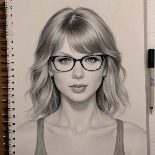 Comely Taylor Swift, pencil sketch, portrait of Ravishing woman 1975s in glasses, hair style beatnik, outline, clear lines, fine lines, 8k