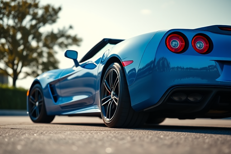 Create a high-resolution image of a sleek blue convertible sports car from a low-angle perspective, using a DSLR camera with a focal length of 35mm, aperture set to f/2.8, ISO 100, with soft natural lighting to enhance reflections and details.