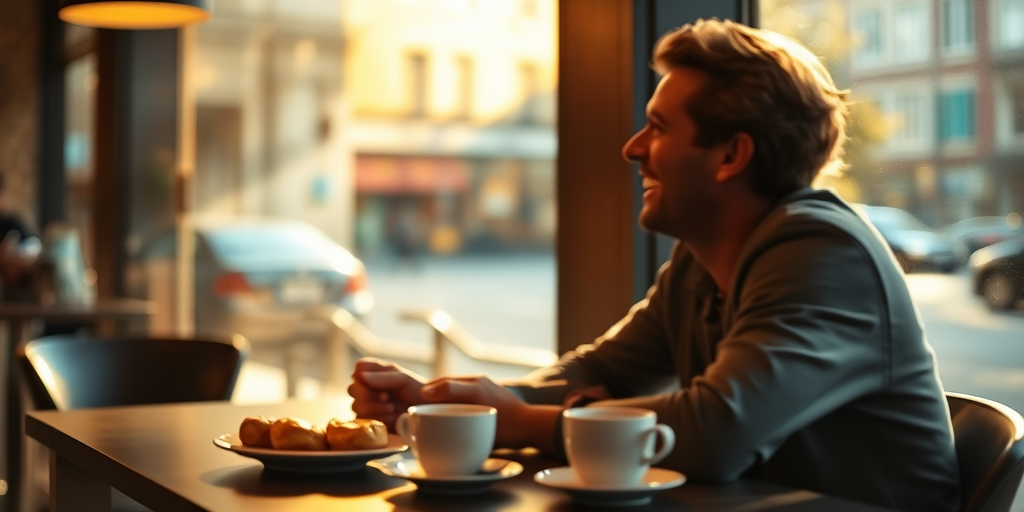 Blurry candid shot of a couple laughing together at a  cafe, soft golden light streaming through the windows, with coffee cups and pastries scattered on the table and a faint reflection of city streets behind them.