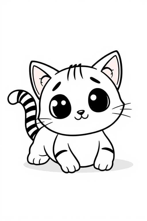 Create a cute cartoon cat lying on its stomach with large expressive eyes and a round body. The cat should have a striped tail and a playful expression, drawn in a simple black outline style on a textured light background.