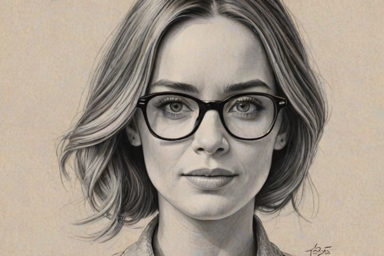 Charming Emily Blunt, pencil sketch, portrait of Lovely woman 1966s in glasses, hair style beatnik, outline, clear lines, fine lines, 8k