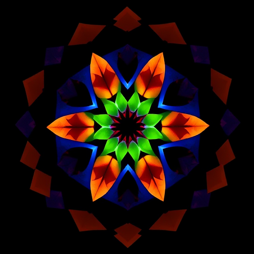 generate a vibrant geometric pattern with hexagonal shapes featuring a spectrum of colors including red, blue, green, yellow, and purple against a dark background, shot with a DSLR camera at f/4, ISO 100, 50mm lens, angled view to accentuate depth and texture, high dynamic range imaging for enhanced detail