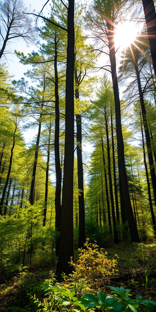 create a high-resolution image of a tranquil forest scene with sunlight filtering through the trees, f/2.8 aperture, ISO 100, 1/125 sec shutter speed, taken with a full-frame DSLR camera using a wide-angle lens, capturing vibrant colors and fine details in the foliage