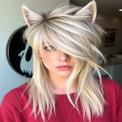 Chic ash blonde wolf cut with choppy layers and curtain bangs, styled in a messy bedhead texture for an effortlessly cool and trendy appearance