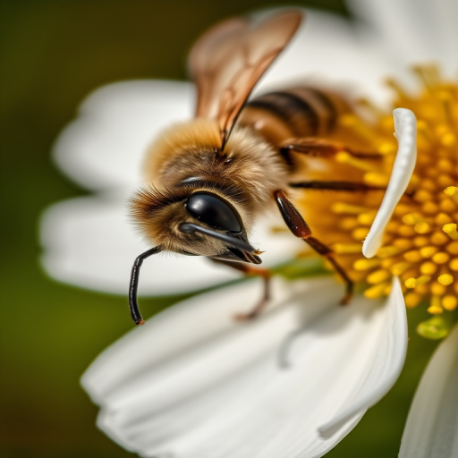 Close-up of a bee on a white flower, macro lens, aperture f/2.8, ISO 100, 35mm focal length, natural light, shallow depth of field, DSLR camera, vibrant colors and fine details.