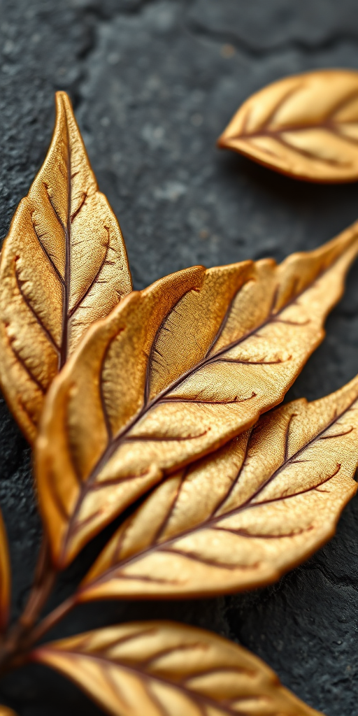 high-resolution close-up of embossed leaves in gold and bronze tones against a textured background, soft natural lighting, f/2.8 aperture, ISO 100, 50mm lens, DSLR camera, shallow depth of field, high-quality macro photography