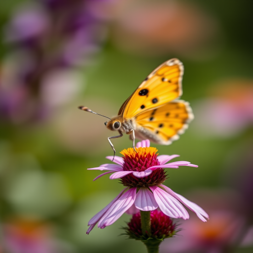 macro shot of a butterfly perched on a flower with a blurred green background, f/2.8 aperture, 1/500 sec shutter speed, ISO 200, 100mm macro lens, soft natural lighting, close-up perspective, DSLR camera