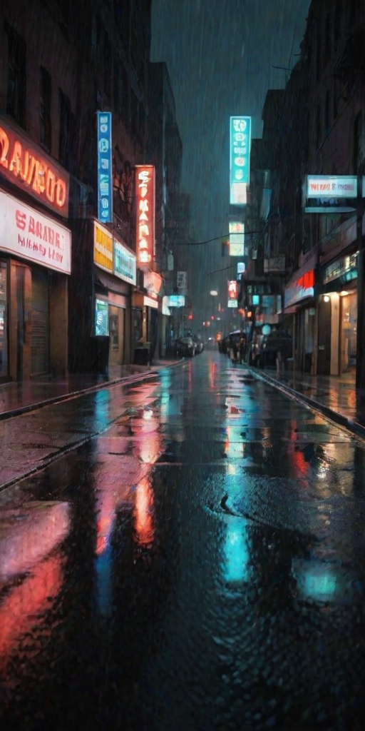 Sharp, high-resolution image of a rainy city street at night, soft reflections of neon signs glistening on the wet pavement, distant cars driving by, and the sound of raindrops tapping against windows, a mood of quiet contemplation.