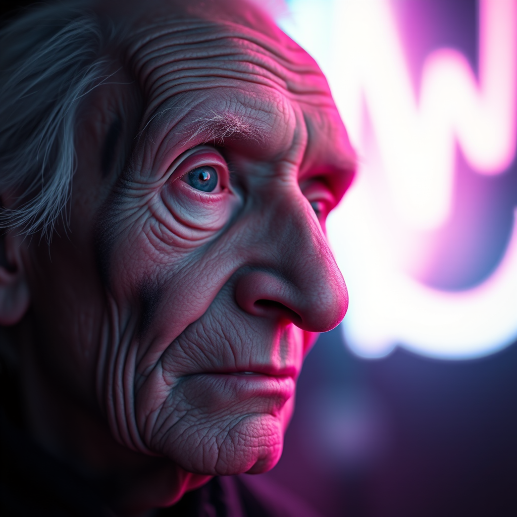 create a close-up perspective view fine art photography contemporary style of an elderly worn albino’s face with a soft, candid expression on a blurred sky black light background.Showcasing a modern style characterized by vibrant blacklight tones, using dramatic lighting and soft gradients to create a fine art atmosphere. The focus is on the light and facial features. motion light blur, neon backlit