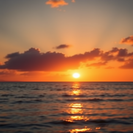 Generate a high-resolution image of a sun setting over a calm ocean, captured with a Canon EOS R5, 24mm lens, aperture f/8, ISO 100, shutter speed 1/60s, using a wide-angle view and vibrant colors to enhance the warm atmosphere of the scene.
