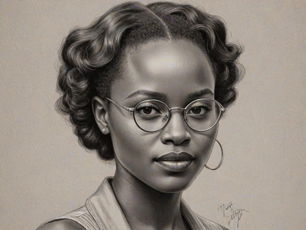 Enticing Lupita Nyong'o, pencil sketch, portrait of Captivating woman 1925s in glasses, hair style beatnik, outline, clear lines, fine lines, 8k