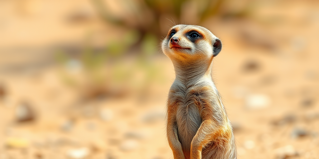 Capture a close-up of a meerkat standing upright in a natural desert environment, using a Canon EOS 90D with a 50mm f/1.8 lens, ISO 200, aperture f/2.8, shutter speed 1/500s, natural lighting for enhanced clarity and detail.