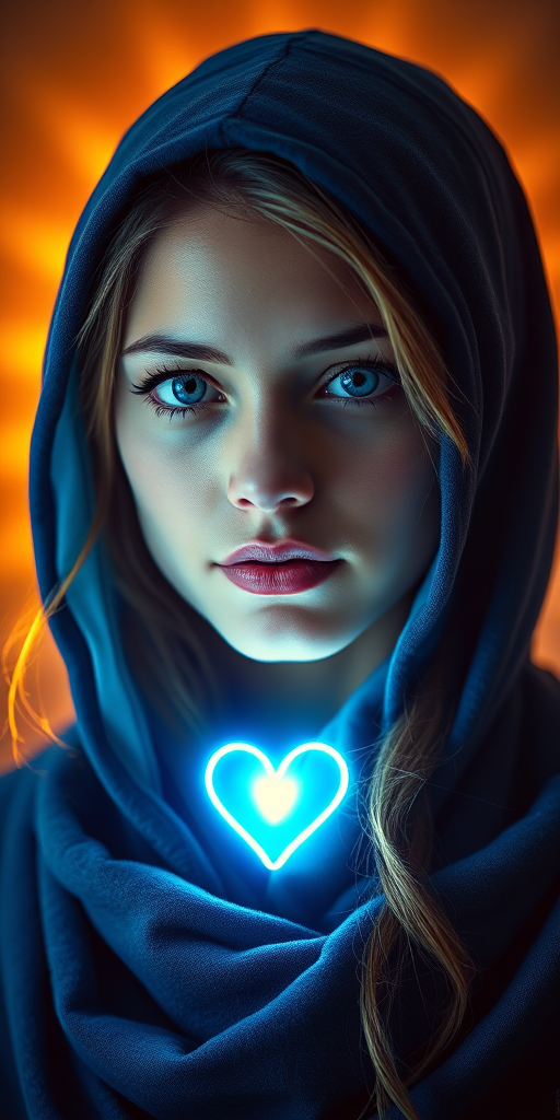 Create a portrait of a young woman with a serene expression, wearing a blue hooded cloak, illuminated by a radiant light behind her, with a glowing heart symbol in the center, captured with a DSLR camera, 50mm lens, aperture f/1.8, ISO 100, in soft focus to enhance the ethereal quality and vibrant colors.