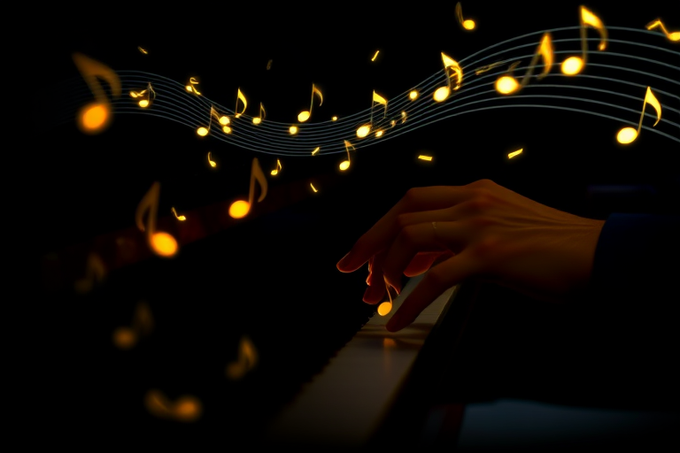 Create an image of hands playing a piano with glowing musical notes cascading down, set against a dark background, shot with a Canon EOS R5, 50mm lens, f/1.8 aperture, ISO 200, and a slow shutter speed to capture motion blur effects.